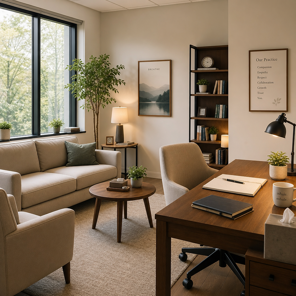 Calm and professional therapy office space with comfortable seating and natural light