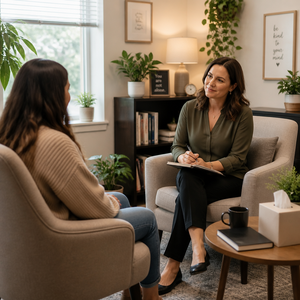 A grief counselor and client in a therapy session in a warm professional office