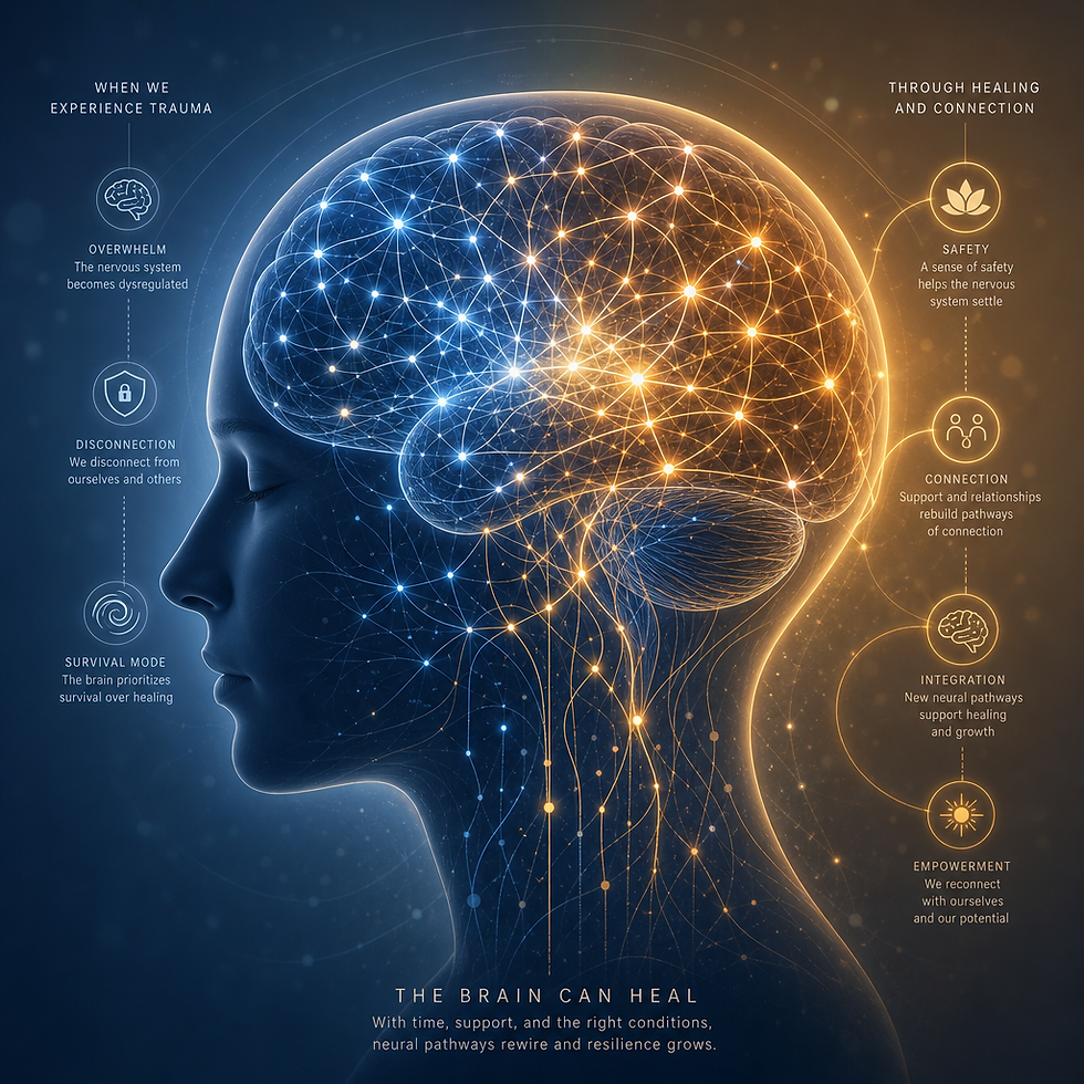 Conceptual illustration of brain pathways and neural processing during trauma therapy