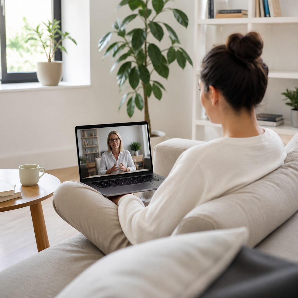 Person on video therapy call from home, laptop screen showing therapist during online counseling session