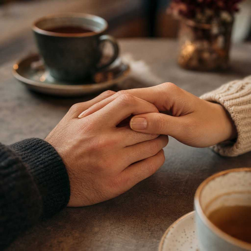 Hands touching across a table during a meaningful conversation