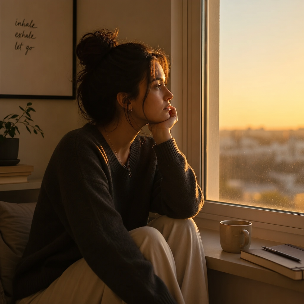 Person looking thoughtfully out a window during sunset, reflecting on life changes