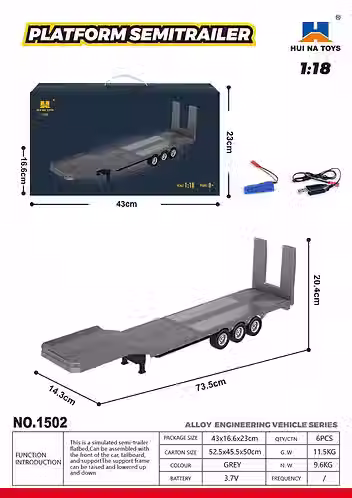 Thumbnail: Huina 1502 73.5cm 3-Axle Semi Trailer Flatbed(Silver) for Huina 1501 RC