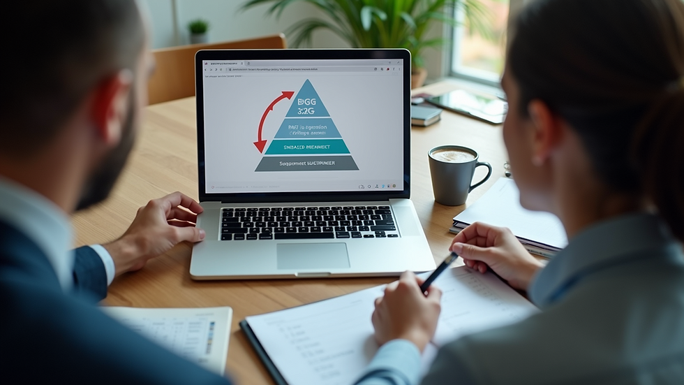 High angle view of a business meeting discussing BCG framework on a laptop
