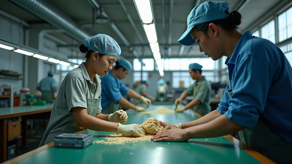 Eye-level view of a Thai factory floor with workers collaborating