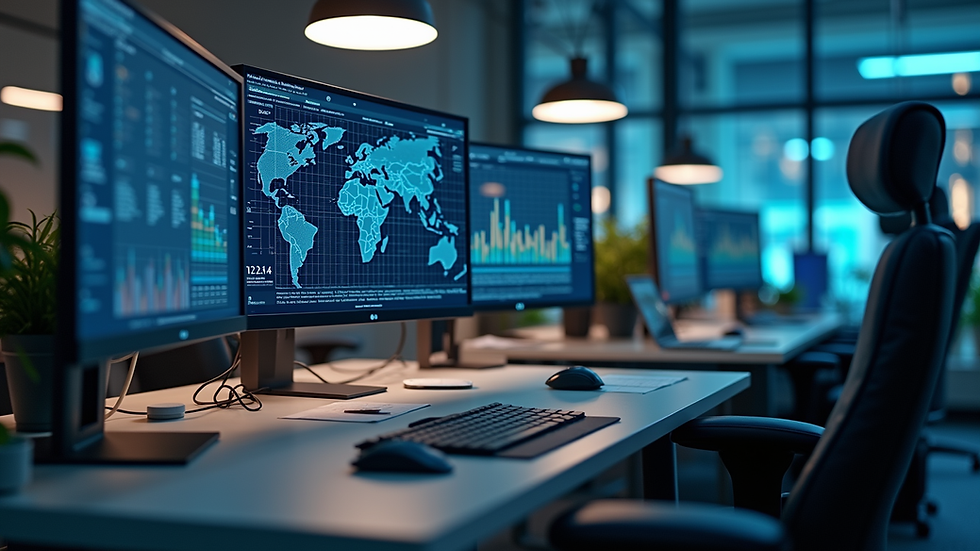 Eye-level view of a modern office workspace with AI data charts on screens