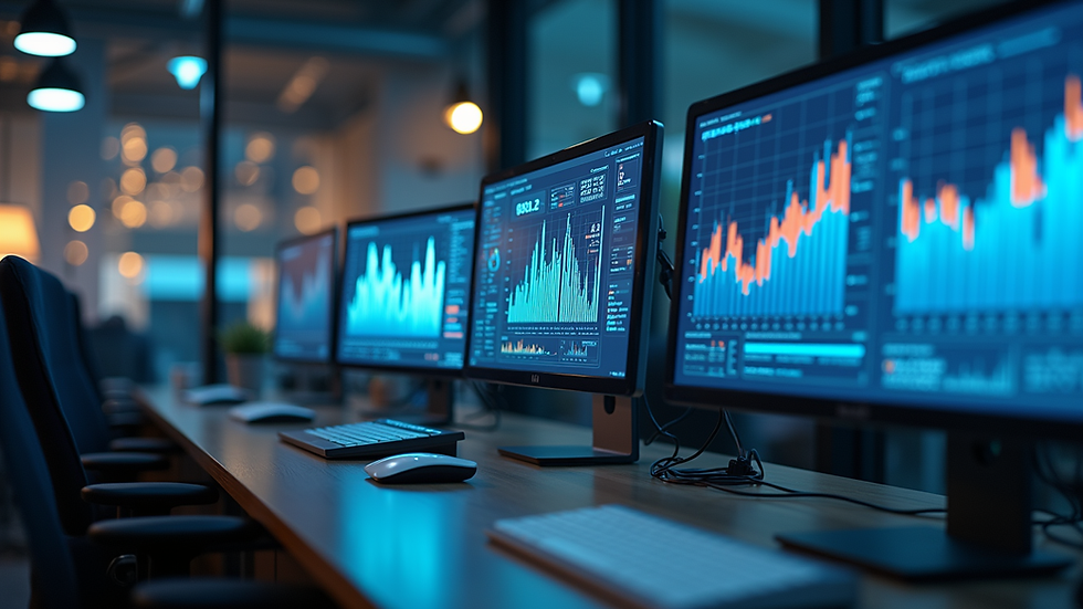 Eye-level view of a modern office workspace with AI data charts on screens