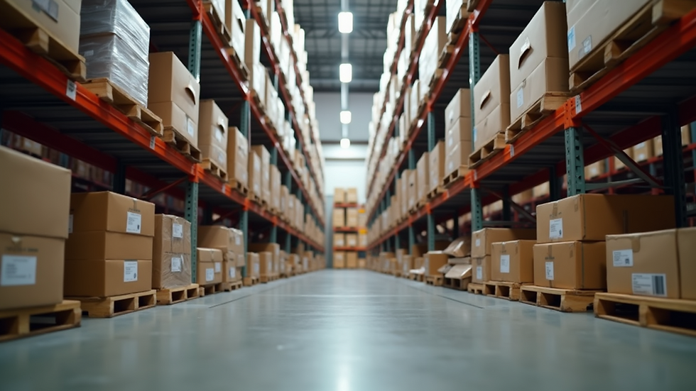 Eye-level view of a warehouse with organized shelves and packages ready for shipment