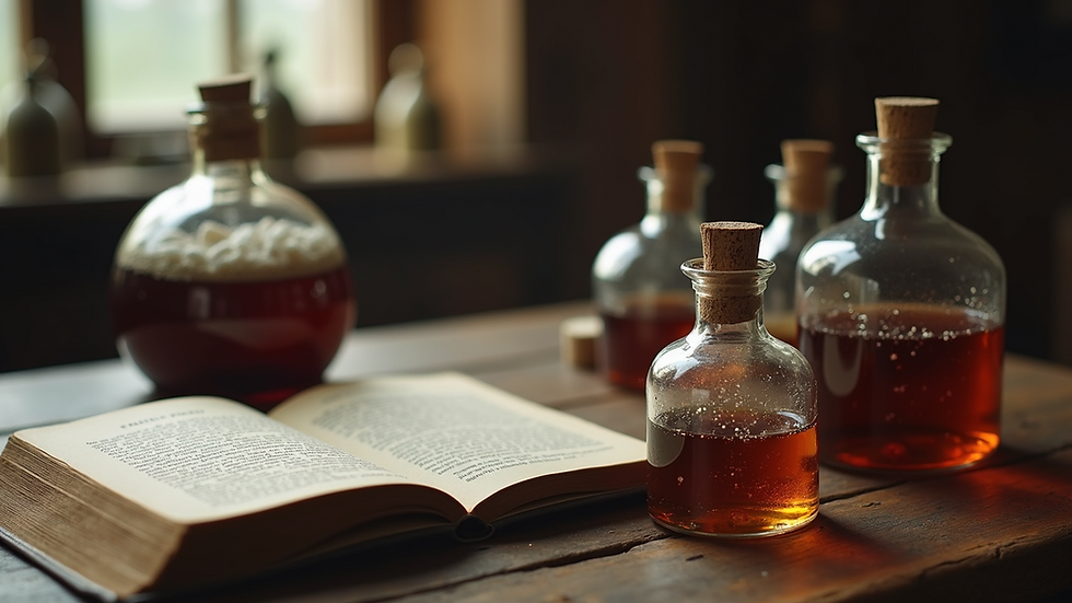 Close-up view of potion bottles and spell books on a wooden table