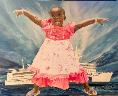 Acrylic portrait painting of a joyful young girl in a pink dress standing in front of a ship at sea.