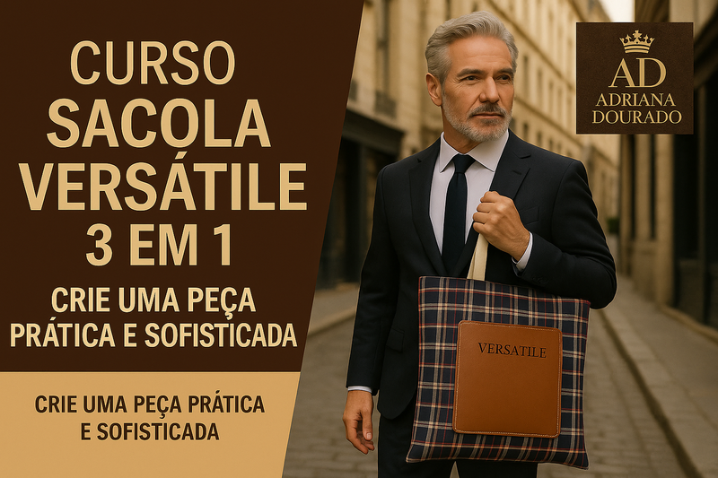 Homem elegante segurando a Sacola Versátile 3 em 1 feita em lona xadrez com bolso frontal em couro, 