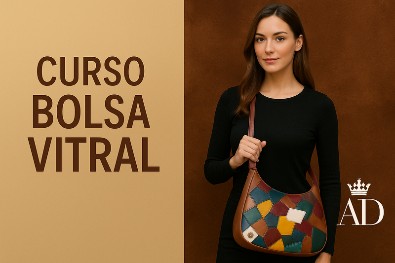 Mulher elegante segurando a Bolsa Vitral com recortes coloridos em couro, modelo meia-lua, represent