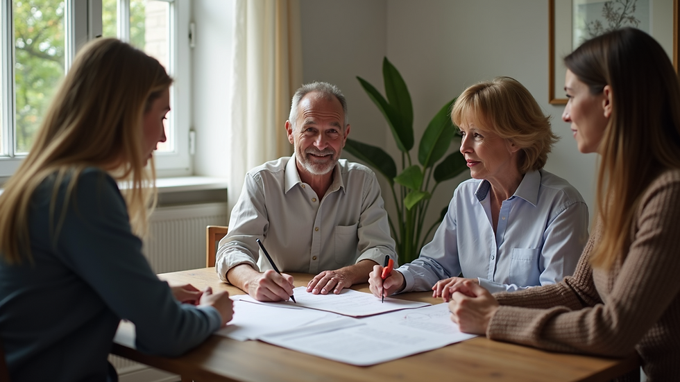 Eye-level view of a family discussing estate planning around a table
