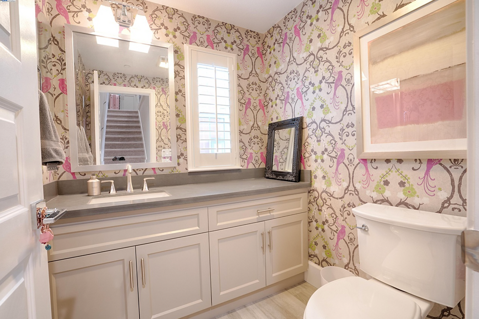 Whimsical pink bird wallpaper powder room with white Shaker-style vanity, brushed nickel fixtures, and soft pink abstract wall art.