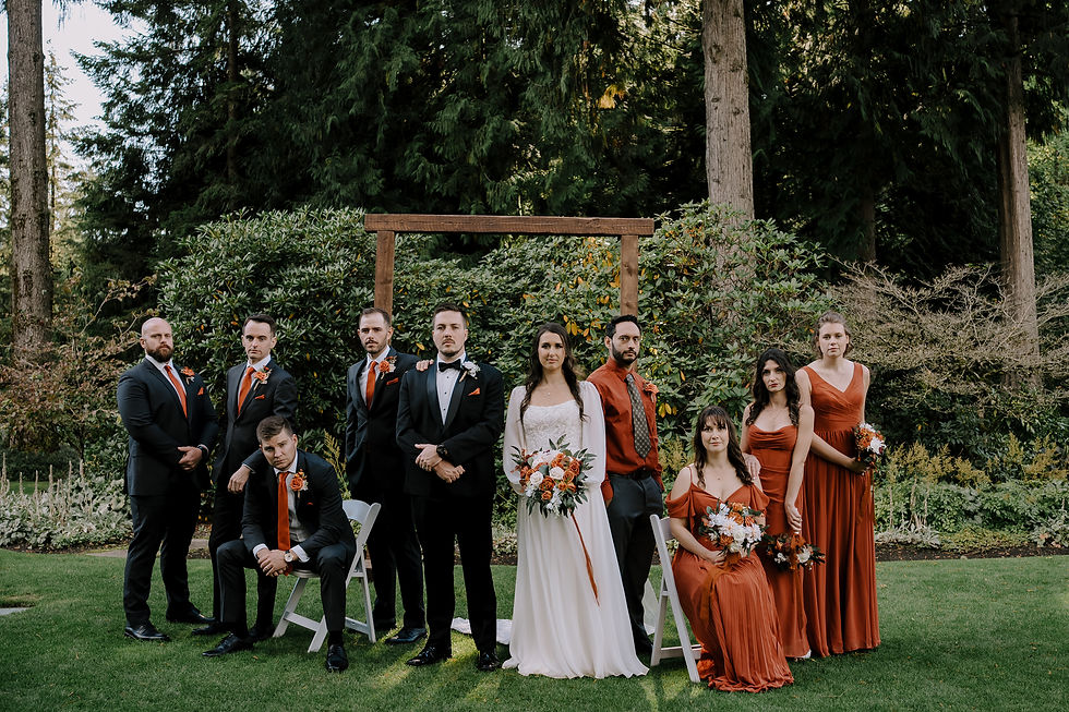 Editorial group photo of the bridal party at Westwood Plateau Golf & Country Club.