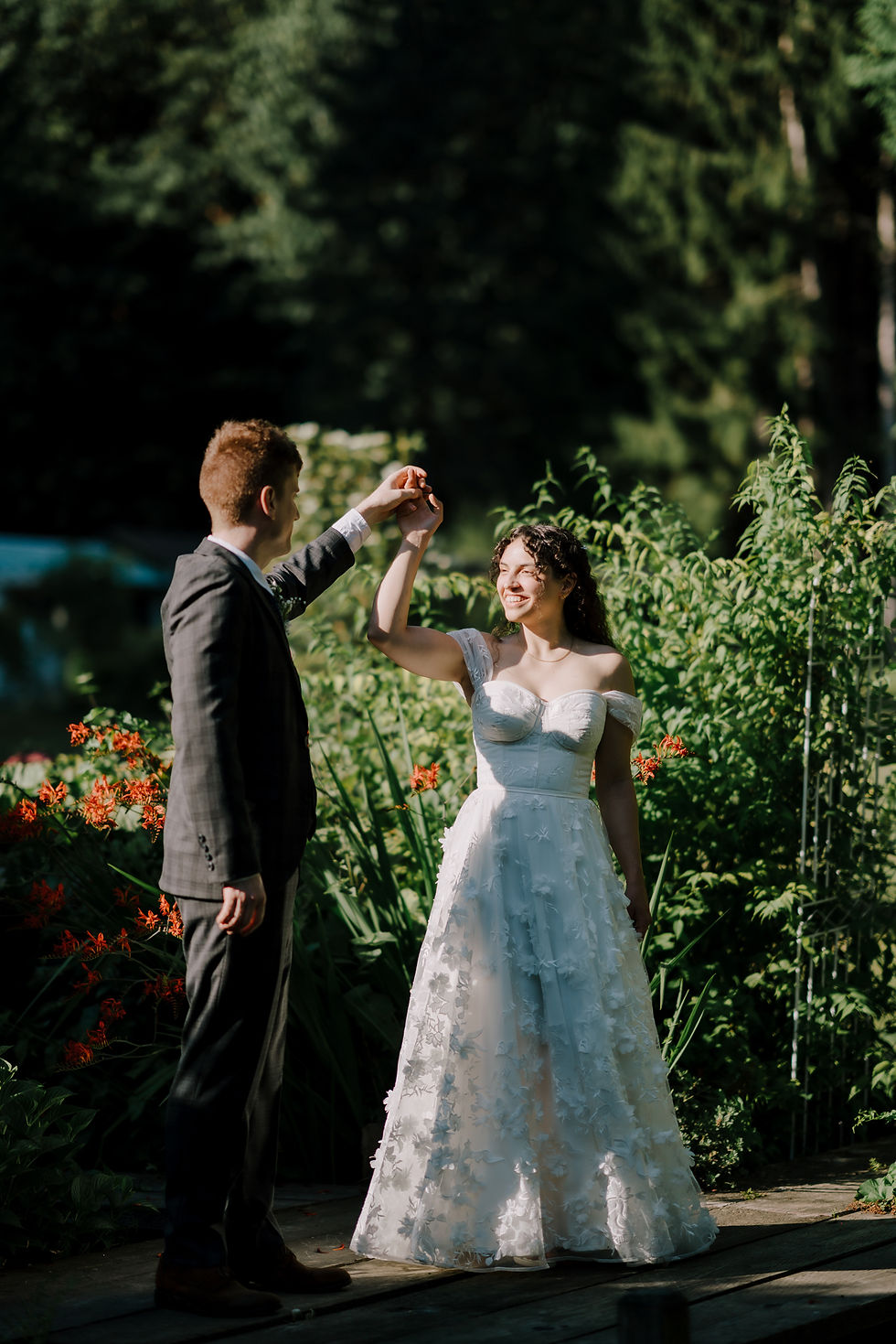 Portrait of the wedding couple in the enchanting forest of Shangrila Garden - Maple Ridge.
