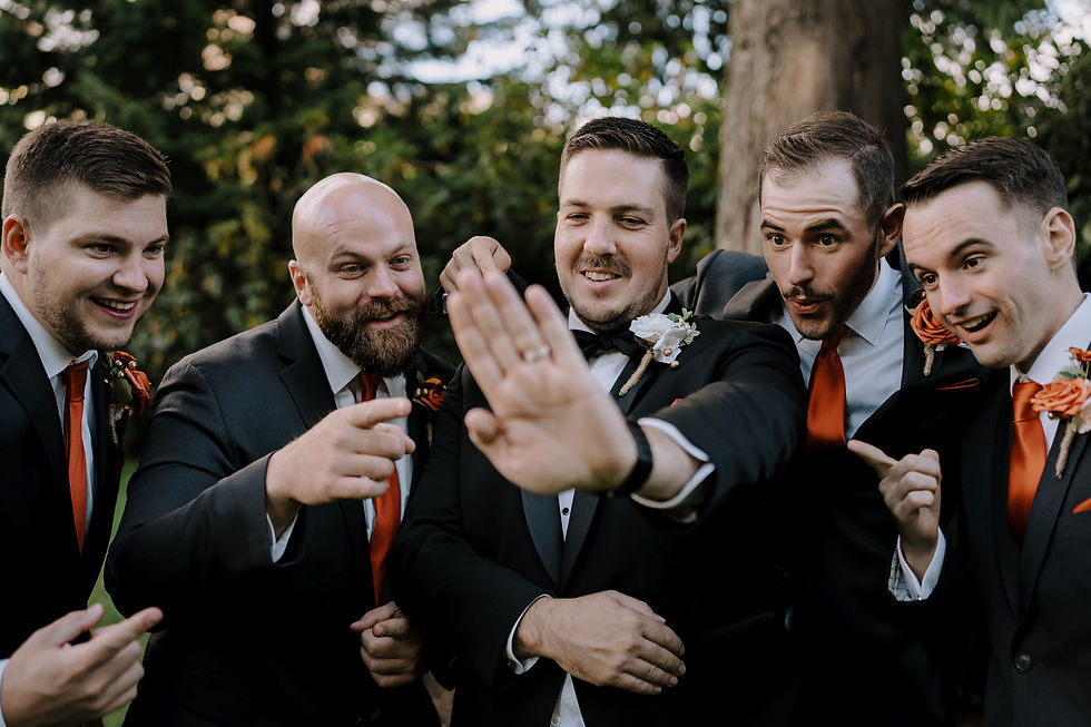 Funny group photo of the bridal party at Westwood Plateau Golf & Country Club.