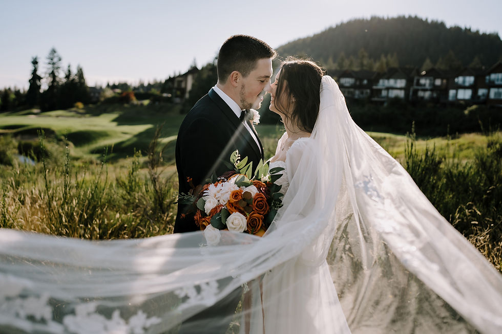 Golf Cart Adventure: Bride and groom riding in a golf cart with their personal driver, heading to scenic photo spots at Westwood Plateau Golf & Country Club.