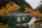 A couple in white coats stands on a rock by a serene lake, surrounded by autumn trees with vibrant orange leaves, in a forest setting. Dark, moody and romantic wedding photography.