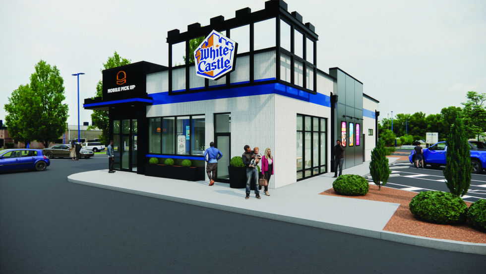 White Castle restaurant with Mobile Pick Up sign, people waiting outside, and cars in a parking lot under a bright sky.