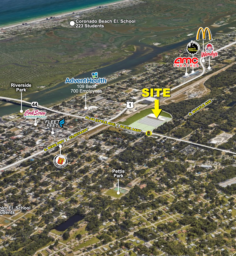 An aerial rendering shows the proposed retail development site at the intersection of State Road 44 and South Myrtle Avenue in New Smyrna Beach. The long-vacant former rail yard could soon become home to a Sprouts Farmers Market, T.J. Maxx and additional retail space. View all renderings for this project at the end of the article. Provided by: GBRealty.com