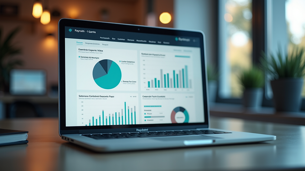 Eye-level view of a laptop screen showing payroll software dashboard