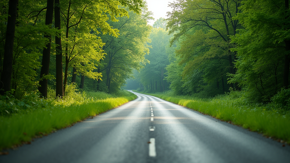 High angle view of a winding road through a lush forest