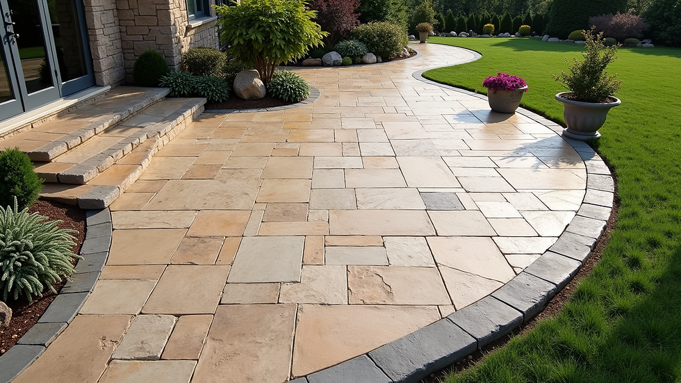 High angle view of a stamped concrete patio with a natural stone pattern