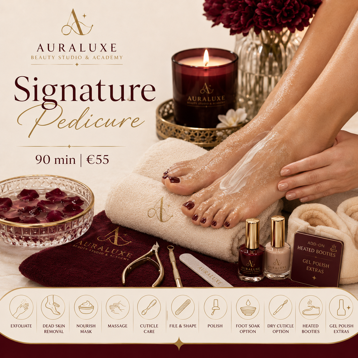 Luxury pedicure result showing clean toenail shaping and smooth skin finish, AuraLuxe Midleton