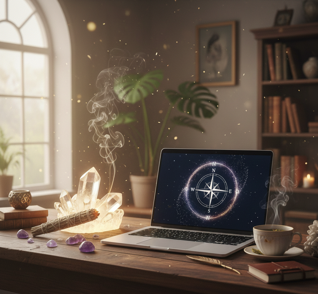 A serene sanctuary workspace featuring a glowing laptop, a large clear quartz crystal, and a lit candle on a wooden desk. The room is filled with soft, golden atmospheric light and wisps of incense smoke, representing a professional and high-vibe space for a Clarity Call and spiritual guidance.