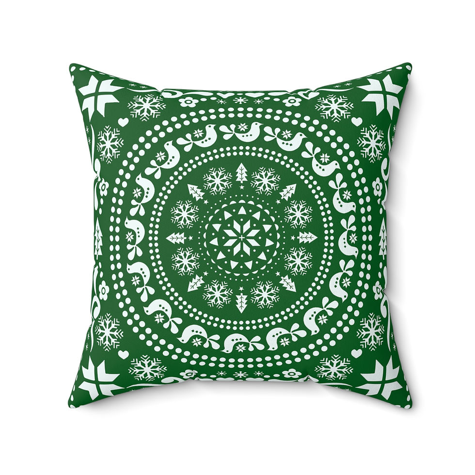 Thumbnail: Green folk art Christmas pillow with Nordic designs