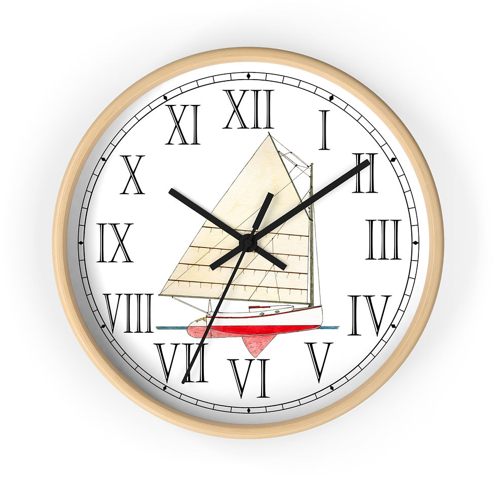 Thumbnail: Nautical clock with Sea Hound catboat watercolor design.