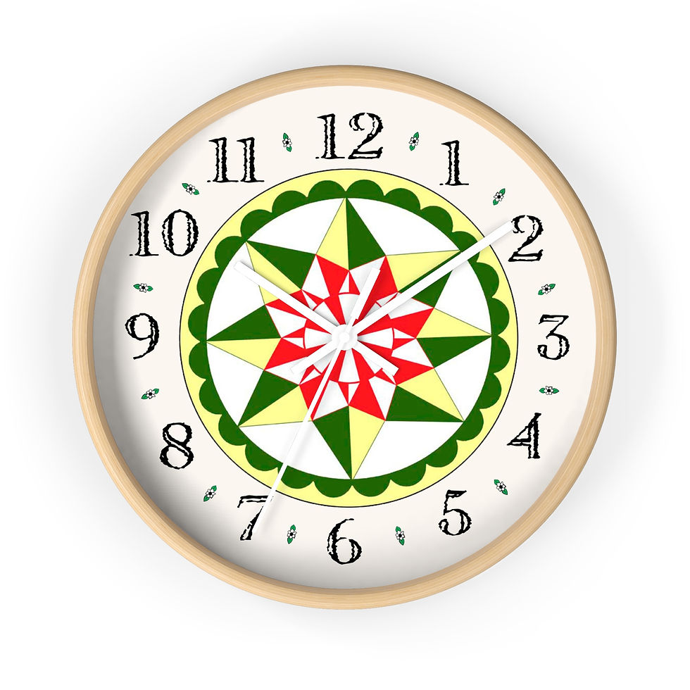 Thumbnail: Folk art wall clock with bright 8-point star design