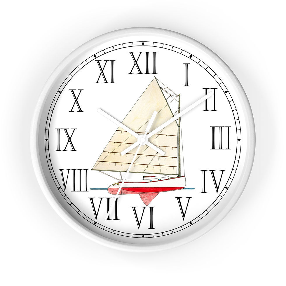 Thumbnail: Nautical clock with Sea Hound catboat watercolor design.