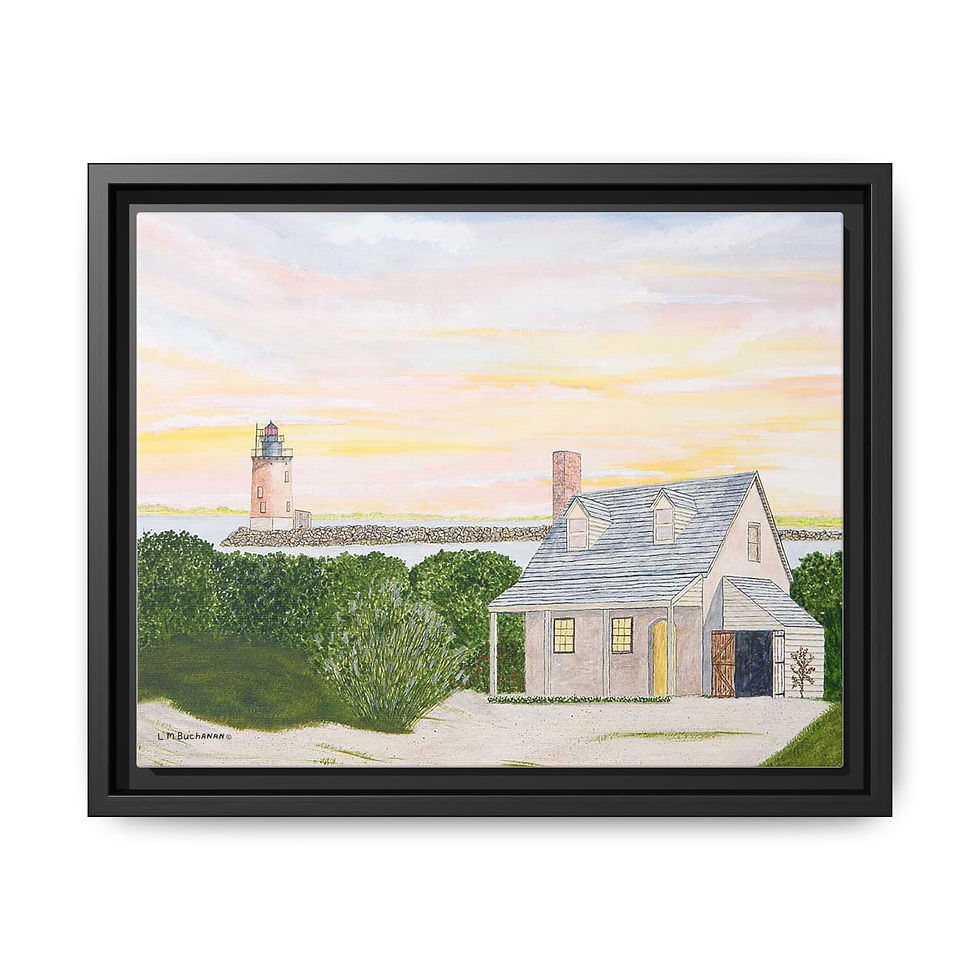 Lighthouse scene sunset art framed in pinewood.