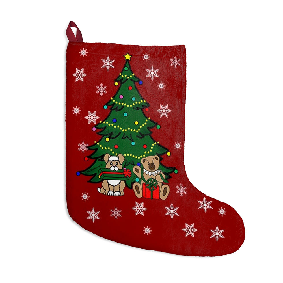 Bear and puppy by tree in snowy festive Christmas scene