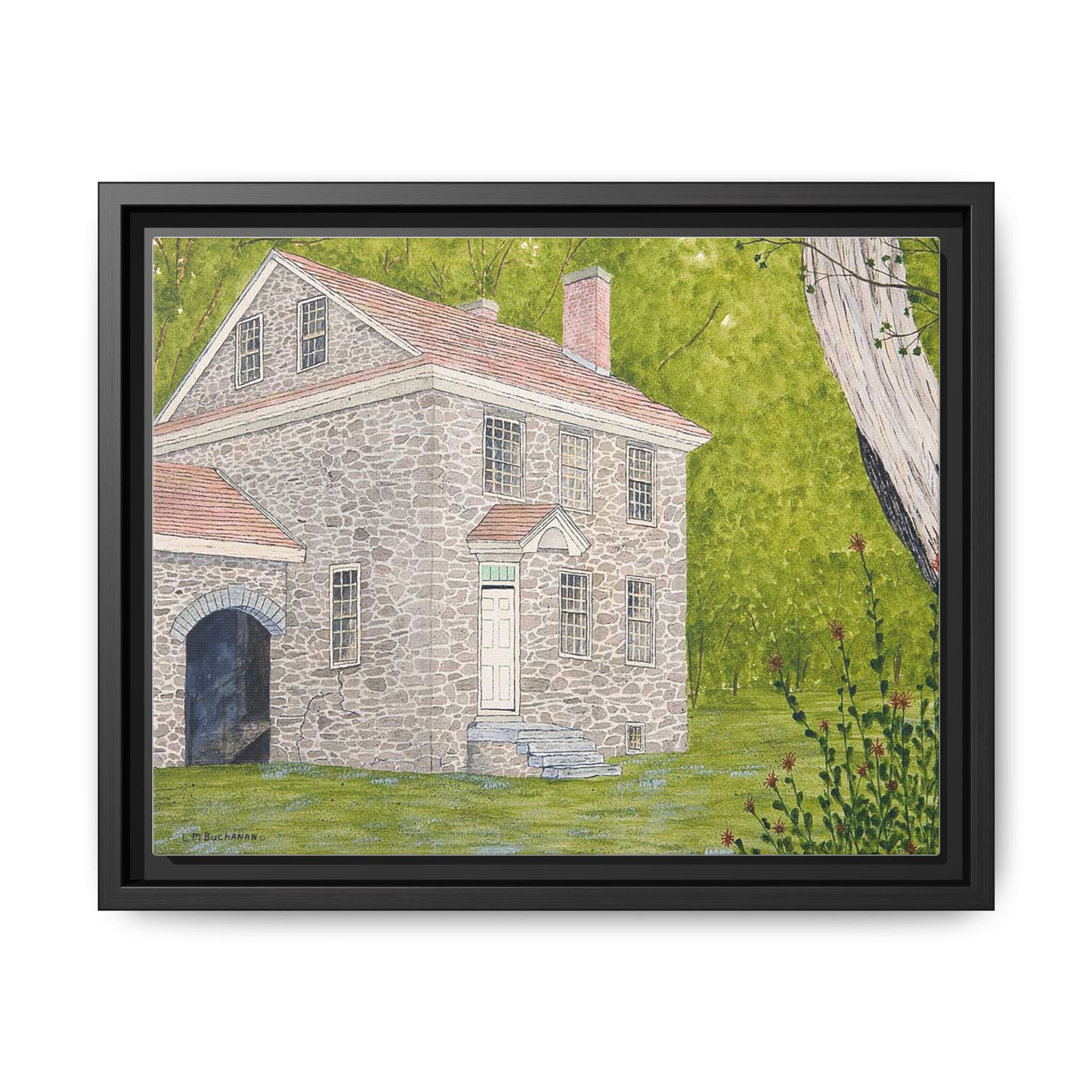 Manor House wall art in summer, framed for home decor.