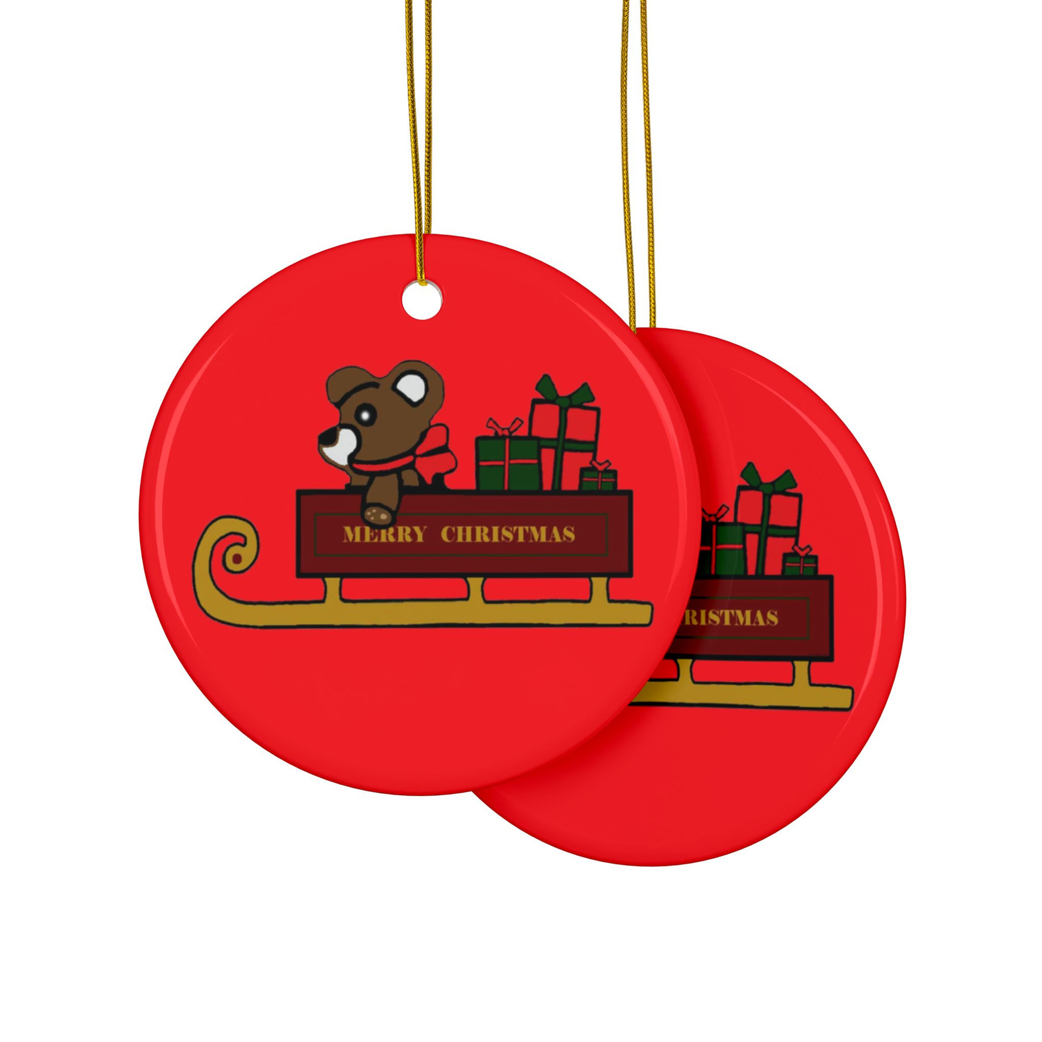 Ceramic ornament teddy bear on sleigh with presents