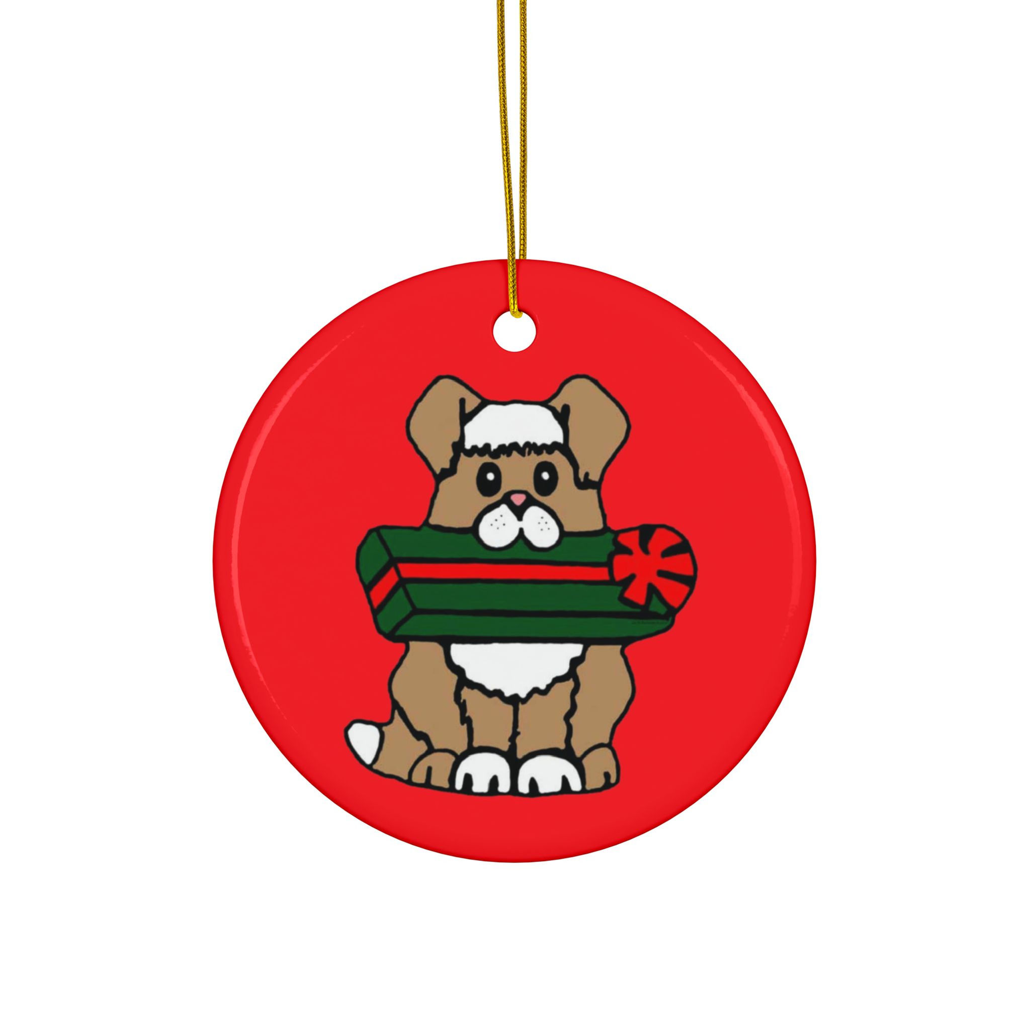 Cute brown puppy Christmas ornament with green present