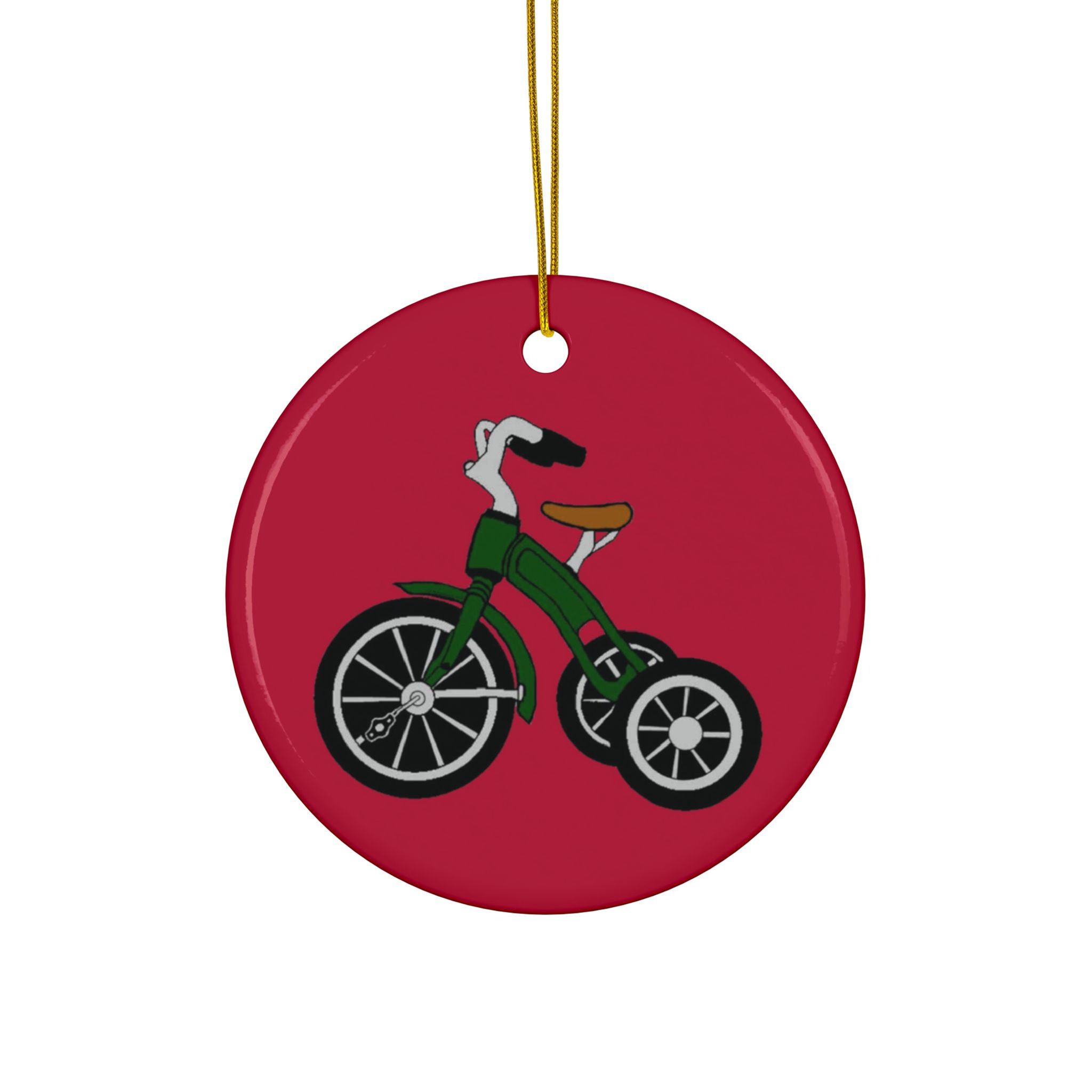 Green tricycle Christmas ornament, double-sided, ceramic.