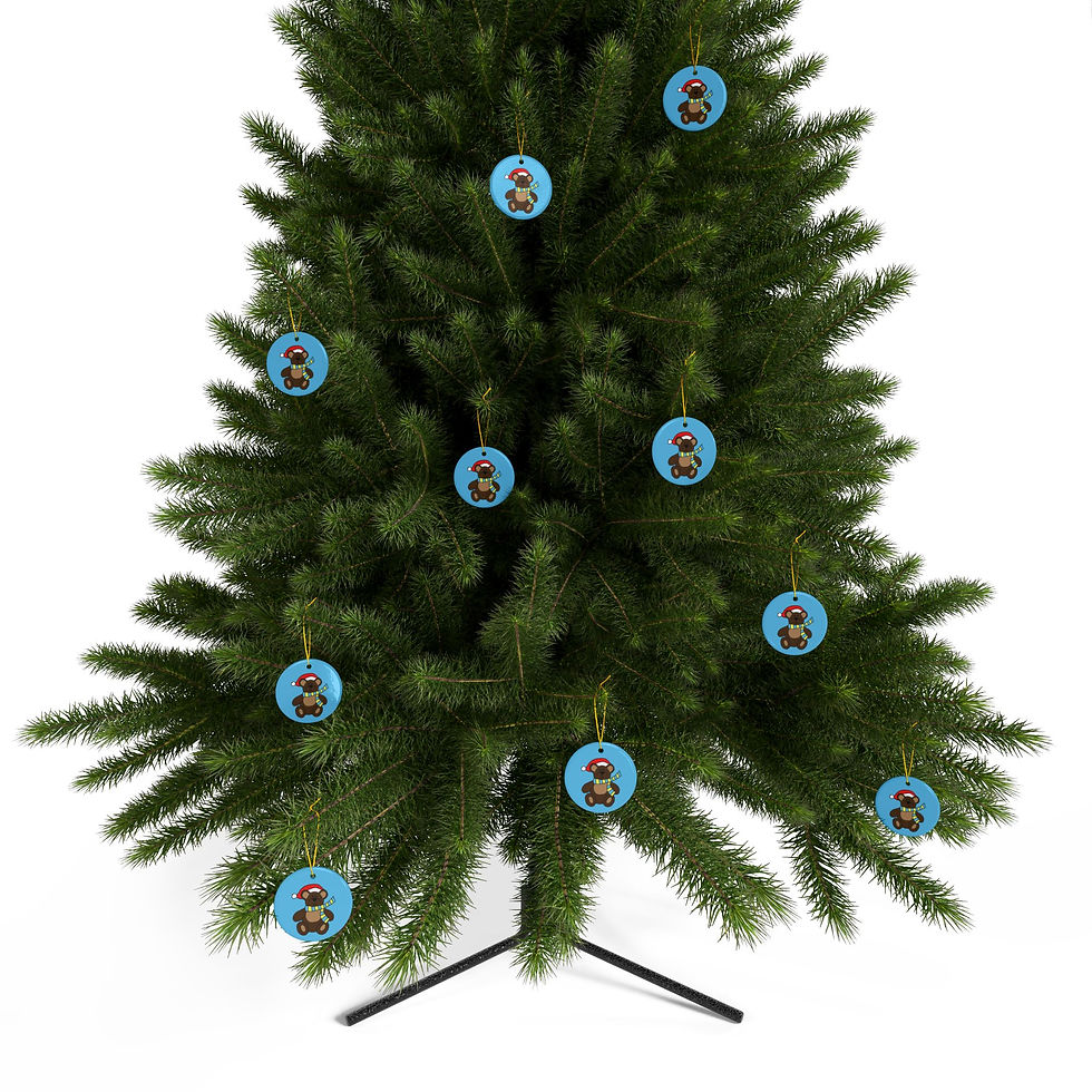 Thumbnail: Cheerful bear in Santa hat and scarf on blue ceramic ornament