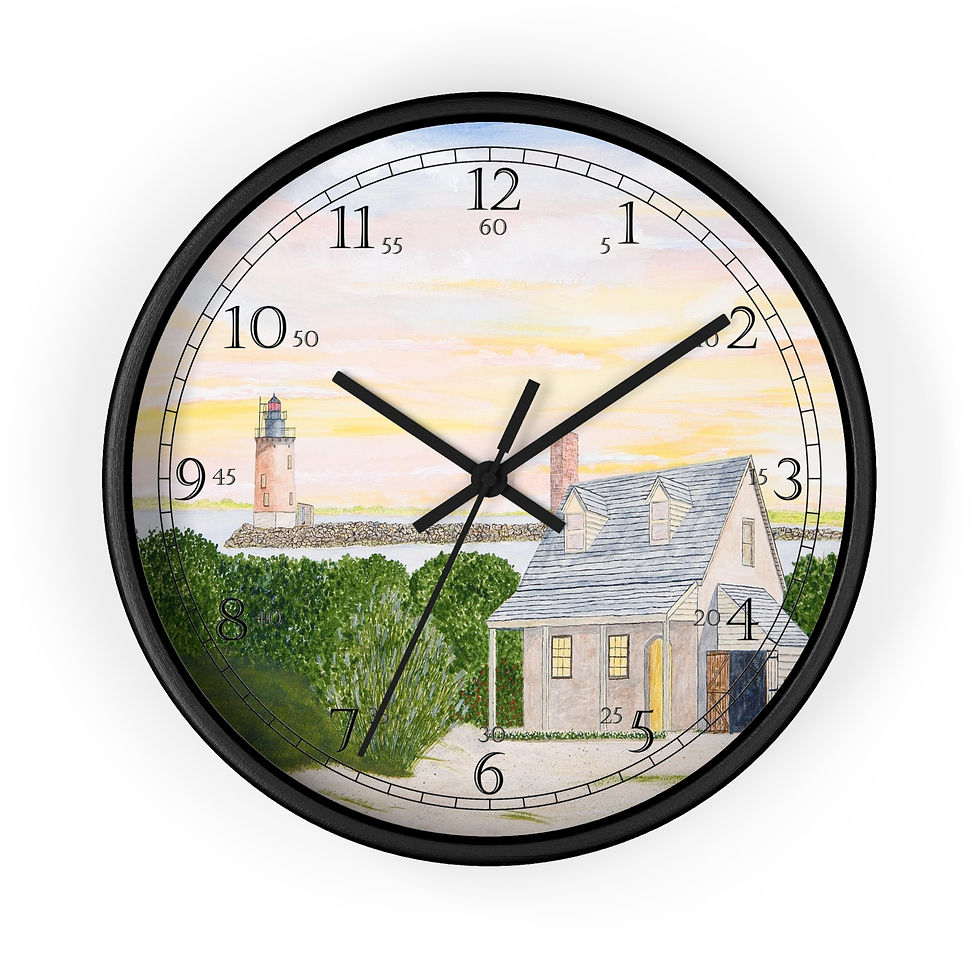 Coastal lighthouse clock with summer sunset scene