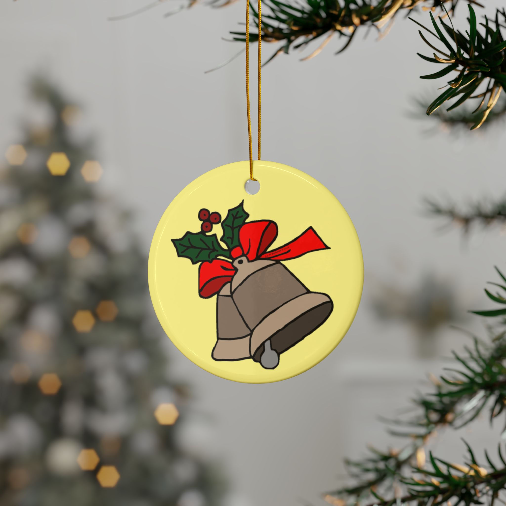 Ceramic Christmas ornament bells, holly, and red bow