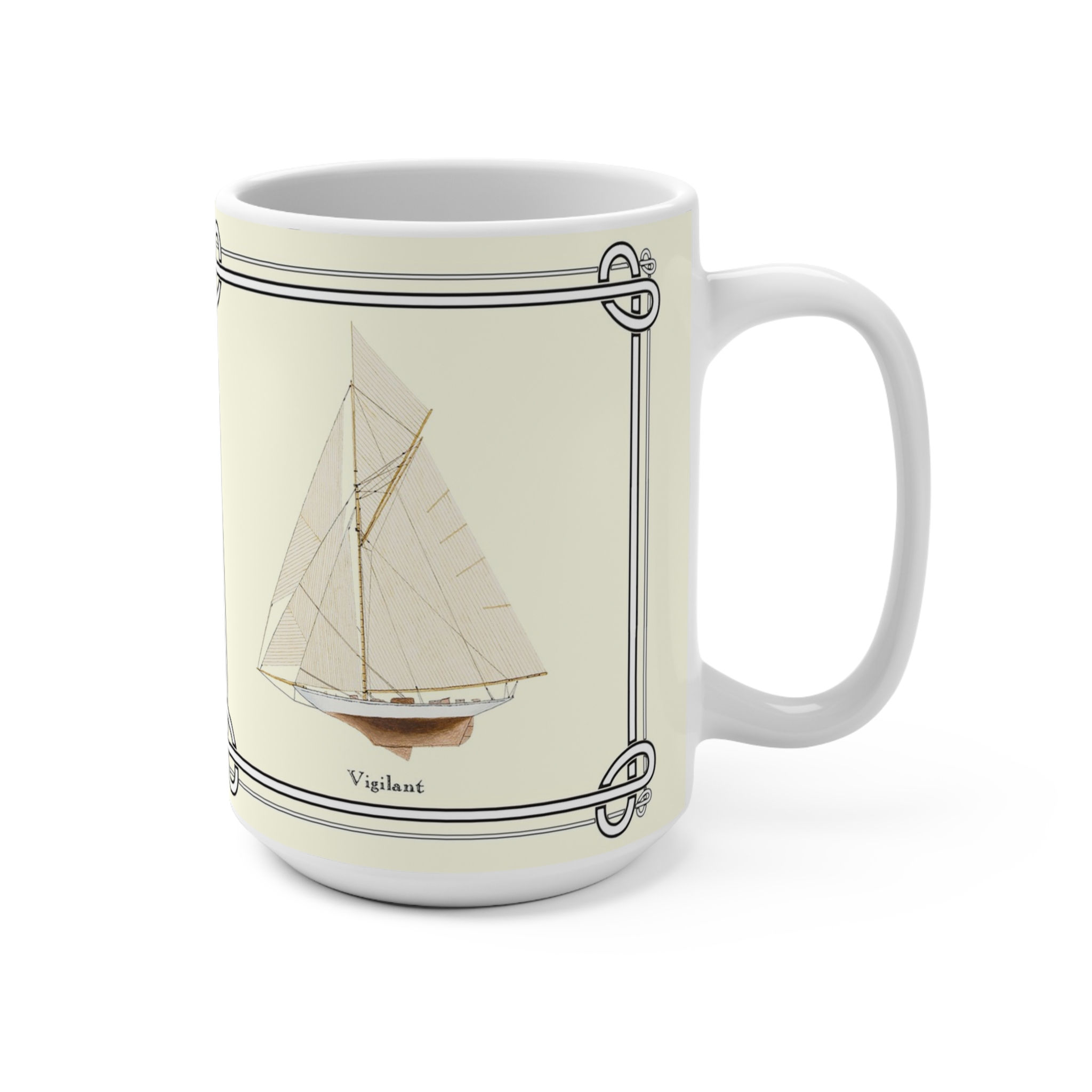 Vigilant America’s Cup yacht on white 15 oz ceramic mug