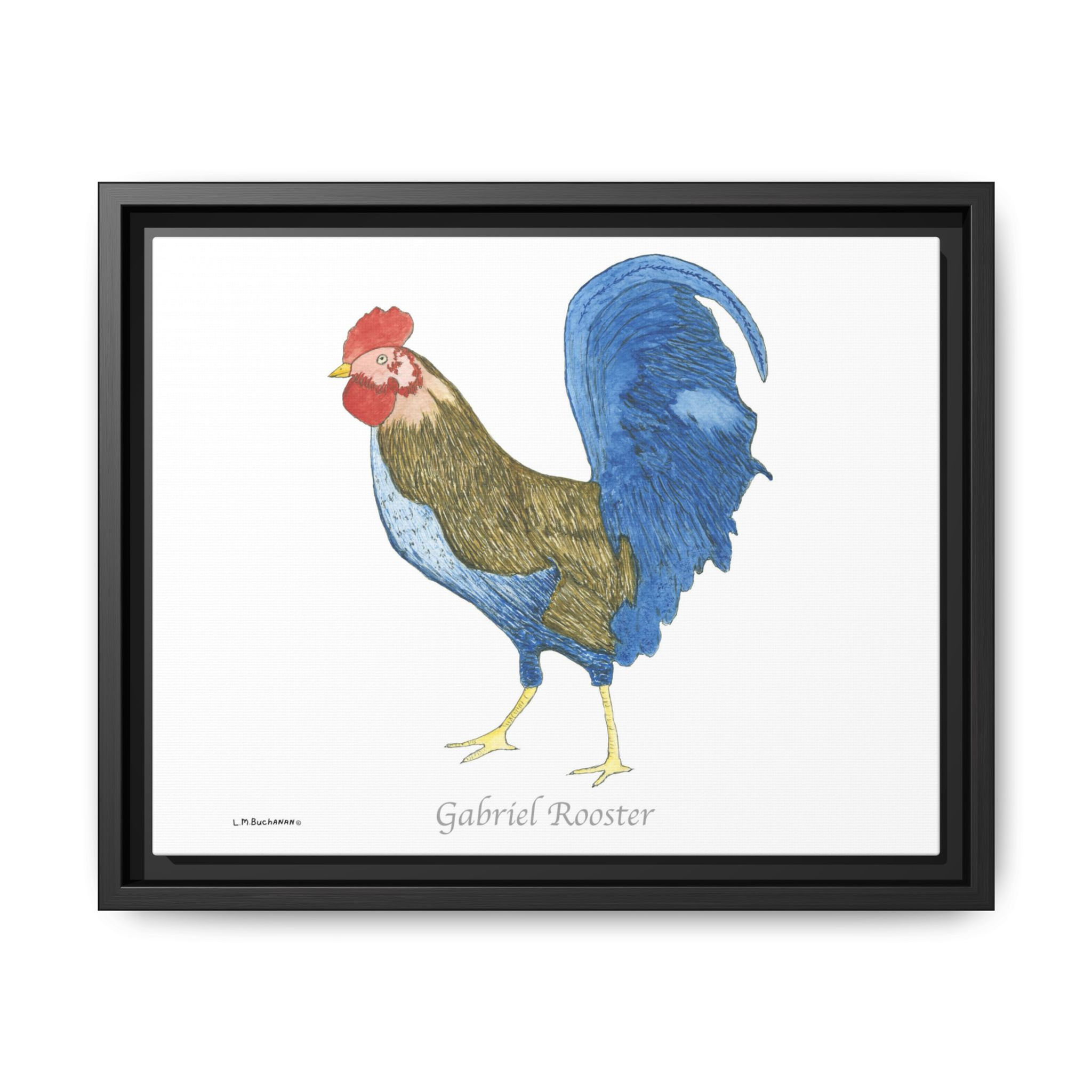 Gabriel Rooster wall art with vibrant blue feathers.