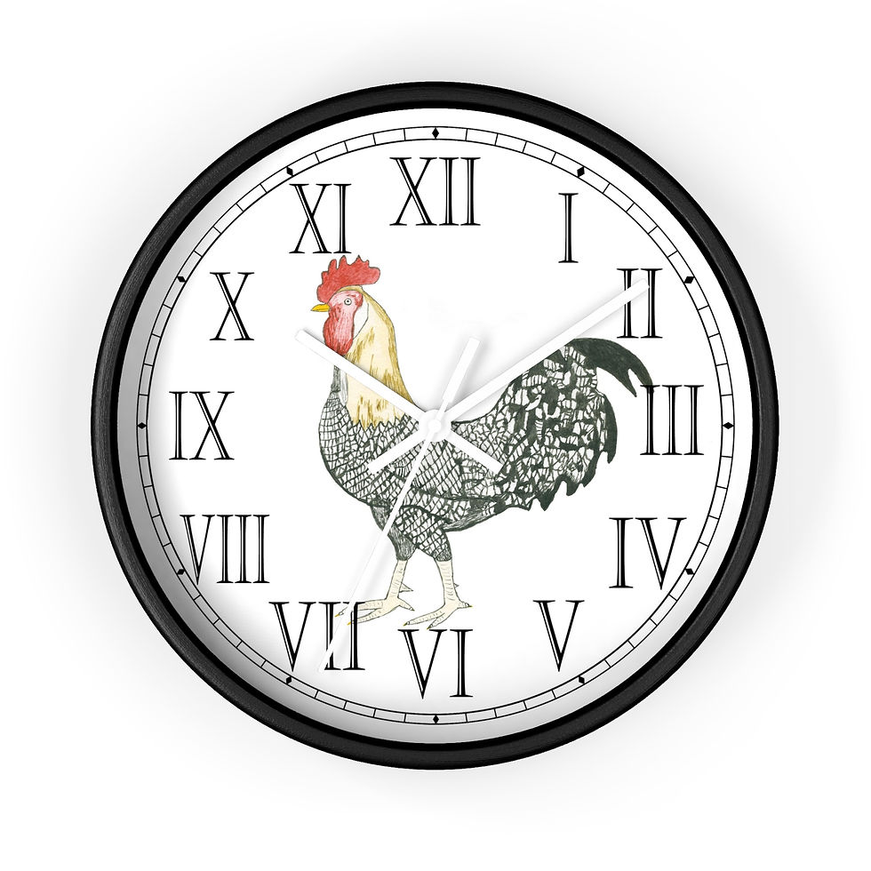 Thumbnail: Vibrant rooster wall clock with Roman numerals.