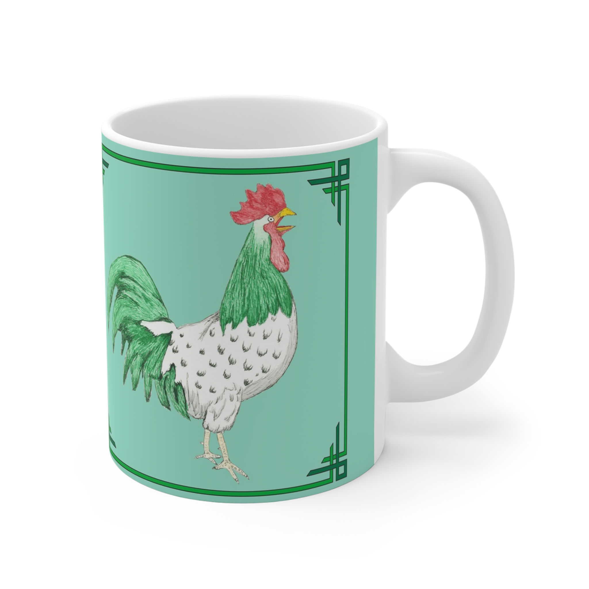 Henry Rooster mug with green tail and red comb