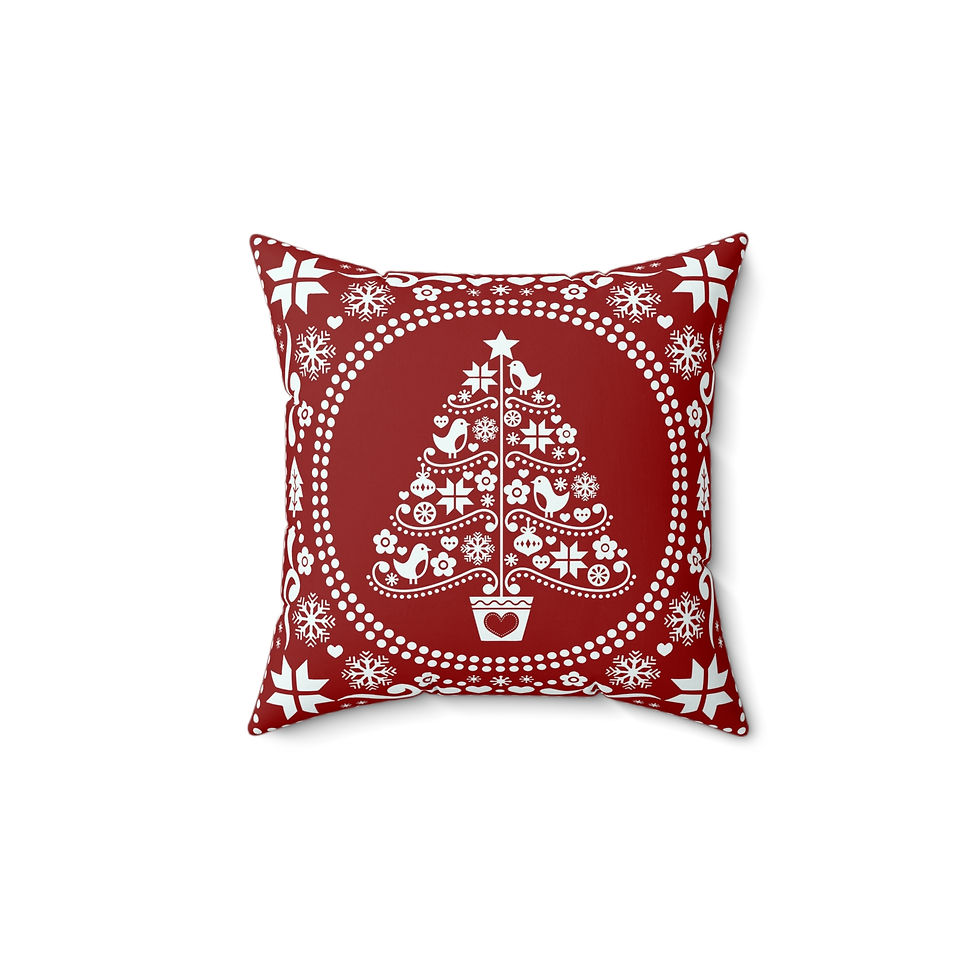 Crimson Nordic folk art Christmas pillow with tree