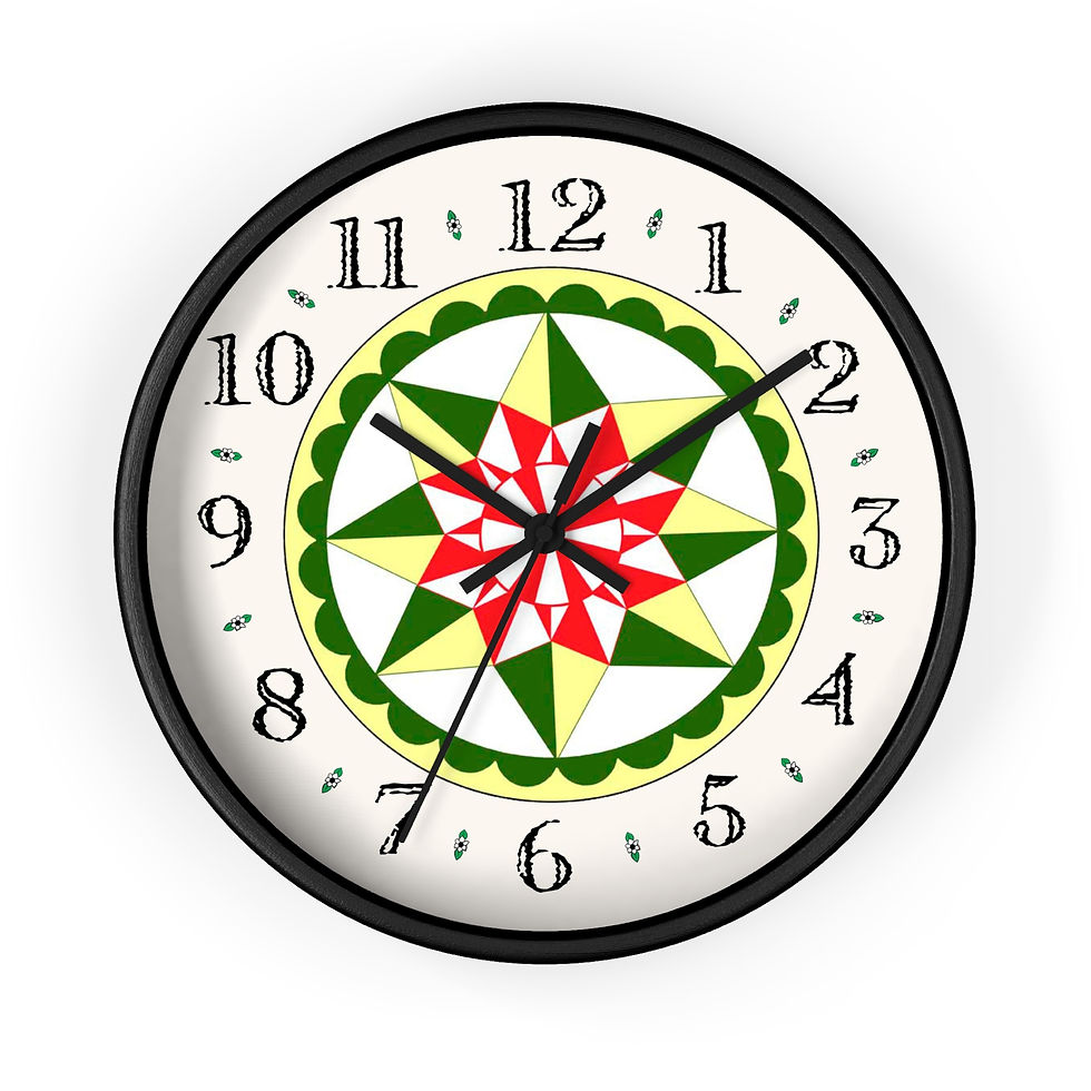 Folk art wall clock with bright 8-point star design