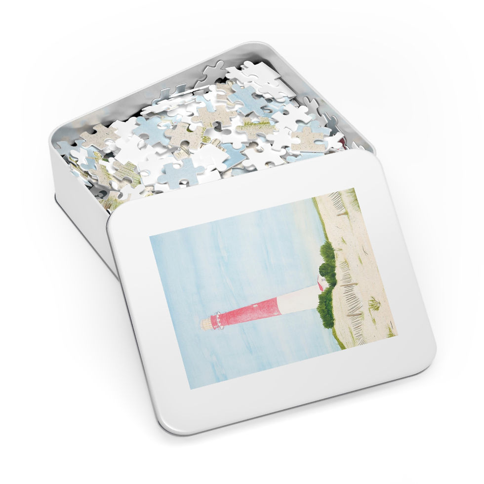Barnegat Lighthouse watercolor puzzle with image on metal tin